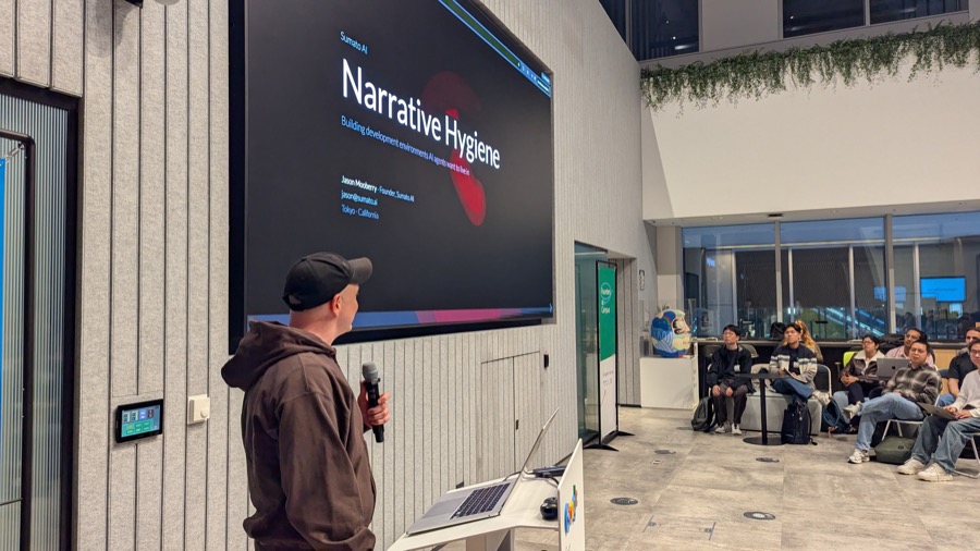 Jason Mooberry presenting Narrative Hygiene at Tokyo AI, Sumato AI title slide visible